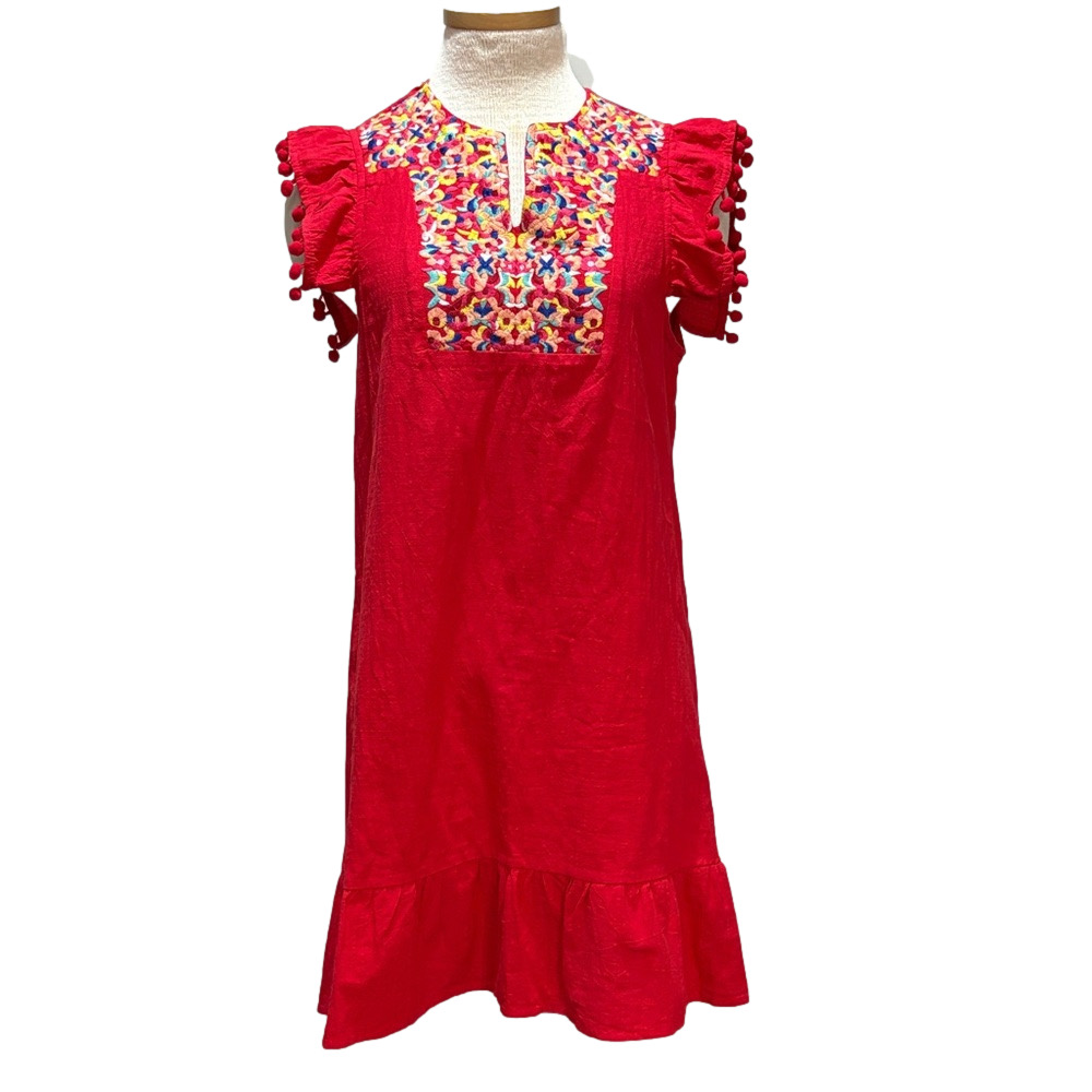 Kirundo sz S red dress with embroidery and Pom Pom sleeves